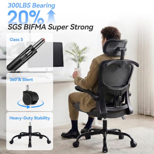 Image of AreShark Office Chair Ergonomic Desk Chairs with Adjustable Lumbar Support& Headrest Hanger, High Back Breathable Mesh Chair with Wheels, Rolling Swivel Comfy Task Computer Chair for Home Work Gaming