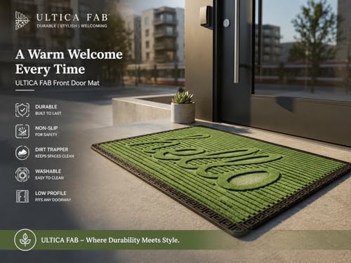 Image of Heavy Duty Front Door Mat 2x3 Feet, Outdoor Indoor Welcome Mat, Non Slip Dirt Trapper Entrance Rug for Entryway, Patio & Porch,Washable Low Profile Hello Mat (Green Hello 2 x 3 Feet)