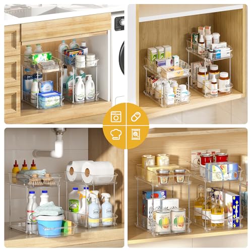 Image of Delamu 2-Tier Under Sink Organizers and Storage, Multi-Purpose Stackable Bathroom Cabinet organizers, Pull Out Kitchen Pantry Organization and Storage with Dividers(3 Pack, Clear)
