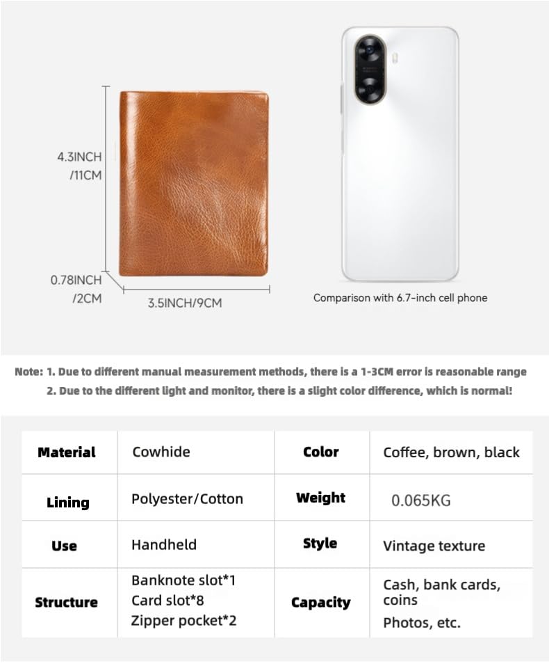 RFID Blocking Leather Wallet for Men – Slim Vintage Bifold Wallet with 8 Card Slots, Coin Pocket, Top Grain Cowhide Leather, Handmade Full Grain Leather Wallet - Brown2
