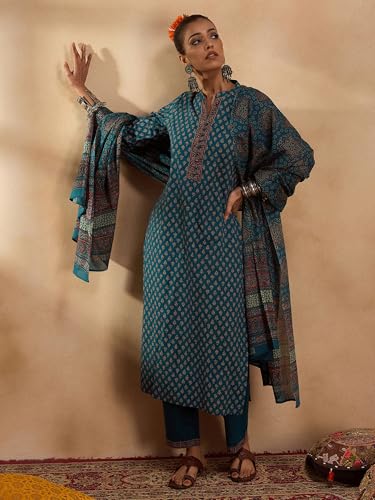 Image of INDO ERA Women's Pure Cotton Printed Straight Kurta & Pant With Dupatta Set