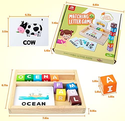 Coogam Color Blocks Spelling Games, Wooden Matching Letters Toy with Words Flash Cards, Alphabet ABC Learning Educational Montessori Puzzle Gift for Preschool Kids Boys Girls