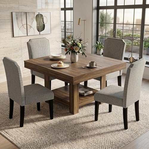Image of Garvee Square Dining Table for 4-6, 47.2 inch Kitchen Table with 2-Tier Storage Shelf, Modern Black Walnut Waterproof Dining Room Table, Heavy Duty 350Lbs Capacity with Anti-Wobble Triangle Legs