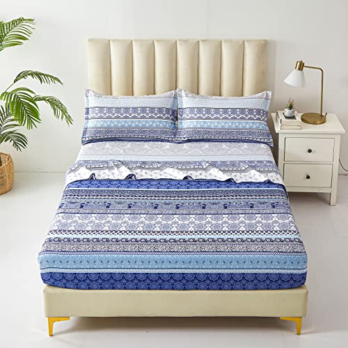 Blue Floral Sheets Set Queen, Boho Tribal Striped Bed Sheets, Soft Microfiber Bedding, 4 Pcs, 14" Deep Pocket Ethnic Fitted Sheet Bohemian Flat Sheets 2 Pillowcases #TOP1