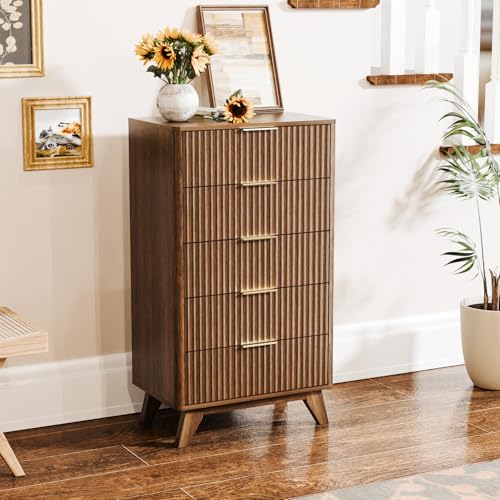 Image of VINGLI Fluted Tall Dresser 5 Drawer, 23.66 inch W Chest of Drawers, Walnut Wood Dresser for Bedroom Mid Century Modern with Rounded Edge, 23.66 inch W*15.59 inch D*44.88 inch H
