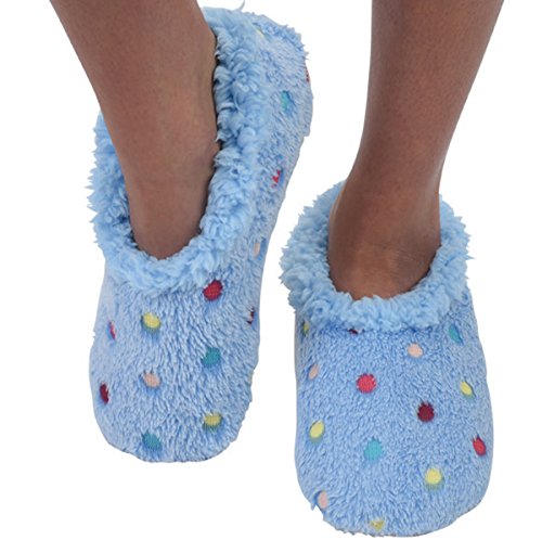 Snoozies Slippers for Women | Lotsa Dots Colorful Cozy Sherpa Slipper Socks | Womens House Slippers | Cozy Slippers for Women | Fuzzy Slippers | Blue | Large