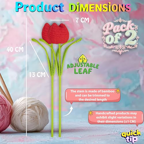 Image of Tulip Crochet Flowers | Handcrafted Artificial Faux Woolen Flower with Long Stem | Natural Looking Knitted Flower for Home, Living Room, Vase & Bouquet Decoration & Gifting | Red- 2 Pcs