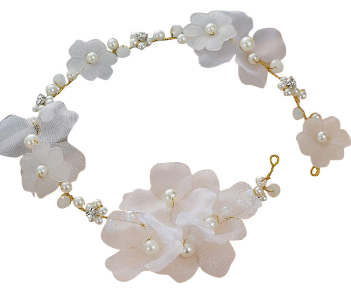 (Pink Flowers) - Bohemian Flowers Pearl Garland Bridal Wedding/Sweet Sixteen/Flower Girl/Quinceanera Crown Headdress (Pink Flowers)