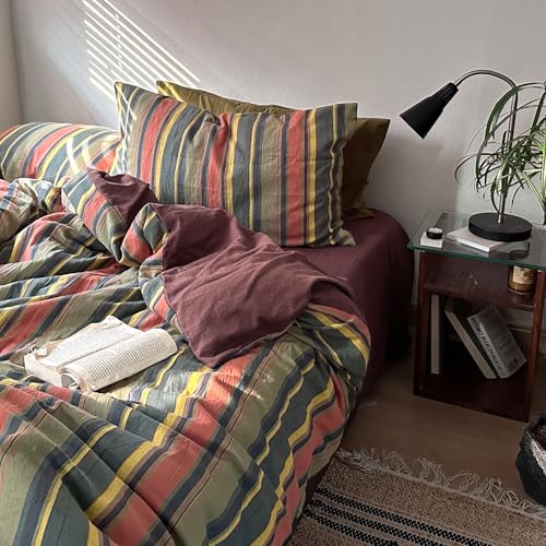 Image of VM VOUGEMARKET Multi-Color Striped Duvet Cover, Full Size | Farmhouse Style, Washed Cotton,Red Green Stripes, 1 Duvet Cover with 2 Pillowcases