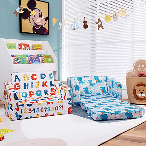 Costzon Kids Sofa, 2 In 1 Flip Open Couch W/Sturdy Sponge Construction, Velvet Fabric, Storage Pockets, Toddler Armrest Chair Bed For Nap Play Sleep, Ideal Gift For 0-4 Years Old Children, Alphabet #TOP1