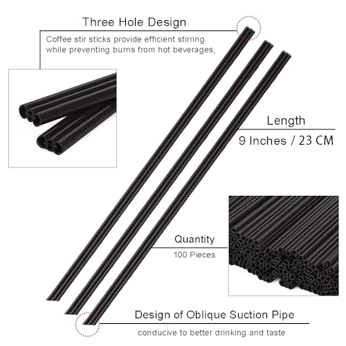 Ouliget Independent Packaging Three Hole Coffee Stirrers Sticks,2 in 1 Disposable Plastic Coffee Straw for Coffee Milk Tea Cocktail Party Drinking (Black 9 Inches) - Thumbnail 6