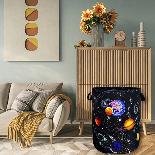 Image of Starry Sky Planets Laundry Basket Oxford Cloth Foldable Hamper 18.9x16.5 In