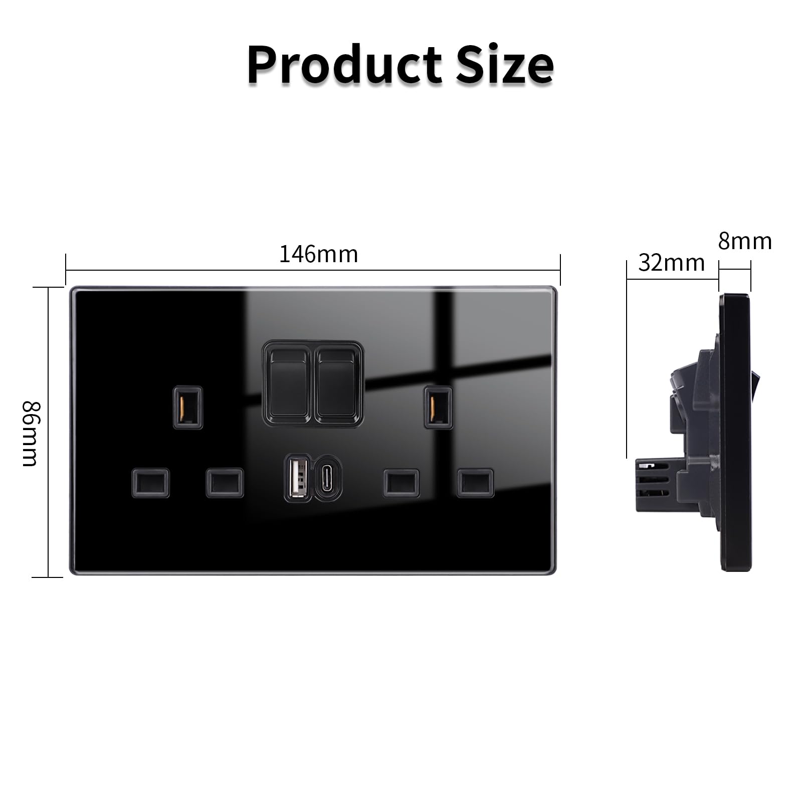 JIMEIDA 5 Pack Black Double Switched Socket 20W Fast Charging 13 Amp with USB A and USB C Charging Ports Crystal Glass Panel Wall Outlet,250V - Image 3