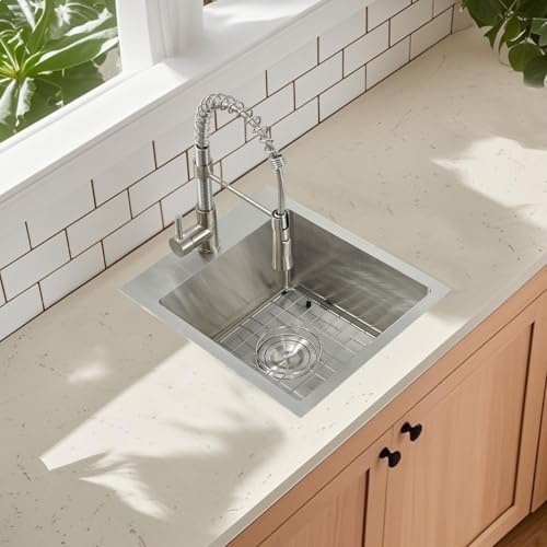 Image of 15 Drop In Bar Sink, 16 Guage Stainless Steel 13x15x9 Wet Bar Prep RV Outdoor Small Kitchen Sink Topmount Single Bowl with Drain