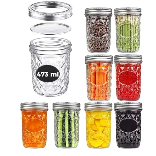 12 Stück Mason Jars Glas mit Deckel,473 ml EinmachgläSer Mit Schraubdeckel,Einmachgläser mit breiter Öffnung,Marmeladengläser,Vorratsgläser für Marmelade, Honig, Hochzeitsgeschenke, Babynahrung