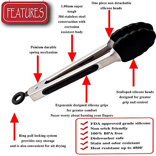 5 Pack Silicone Cooking Tongs Set 7-Inch Mini Tongs Heavy Duty Black Stainless Steel Silicone Small Kitchen Tongs with Non-Stick Silicone Tips for Food,Serving,BBQ,Salad,Grilling and More