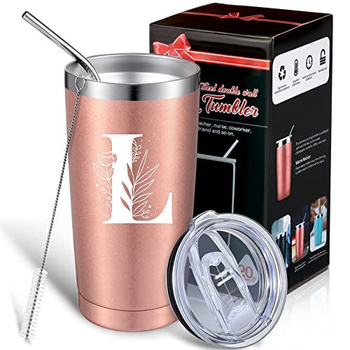 Thenshop Personalized Initial Mug Tumbler 20oz, Monogrammed Travel Mug with Gift Box for Wedding Birthday Graduation Party, Birthday Christmas Gifts for Women Mom Sisters Teacher Coworker (L)