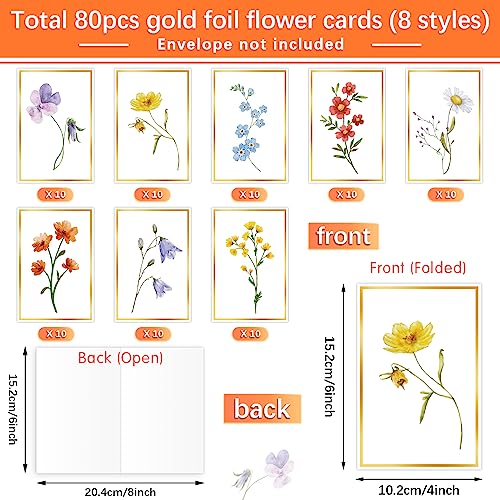Junkin 80 Pcs Watercolor Flowers Greeting Cards 6X8 Floral Gold Foil Blank Cards All Occasion Note Cards 8 Assorted Floral Designs With Gold Foil Borders Postcards For Birthday Wedding Mother's Day #TOP1