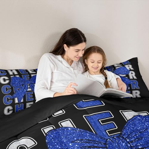 Image of Feelyou Bowknot Cheer Bedding Set Soft for Boys Girls, Blue Cheerleading Comforter Set Twin Size Glitter Cheerleader Duvet Quilt Microfiber Cheer Bow Bedroom Decor 2 Pcs with 1 Pillow Cases