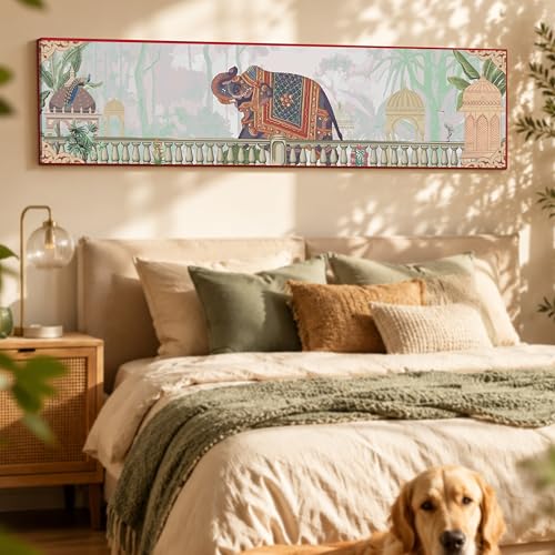 Image of Royal Indian Elephant Vastu Canvas Wall Art Painting For Living Room, Traditional Palace Scene Elephant Painting, Vintage Heritage Panoramic Garden Wall Art For Home & Office, 12x46 Inch