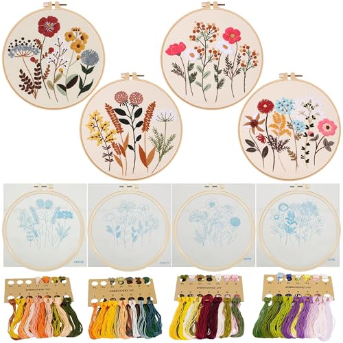 La Mejor Lista de Kits de decoración de telas los 5 mejores. 44 Allazone - Kit de bordado de flores para principiantes, paquete de 4 kits de punto de cruz, kits de punto de cruz para adultos con patrón, hilo de tela de aro para bordado