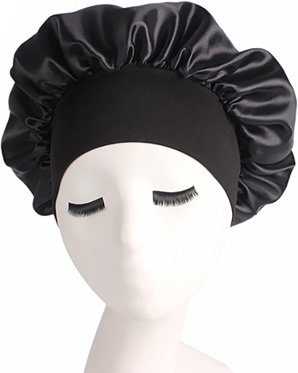 Harewom Satin Bonnet for Curly Hair Sleeping Wide Band Bonnets for Women Satin Shower Cap Black