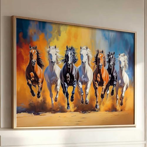Image of HOTHOUSE Seven Running Vastu Lucky Horse Painting | 7 Horses Vastu Frame Wall Art Painting for Living Room Bedroom Office Home Decor Wall Decor Size (13X17 inch)
