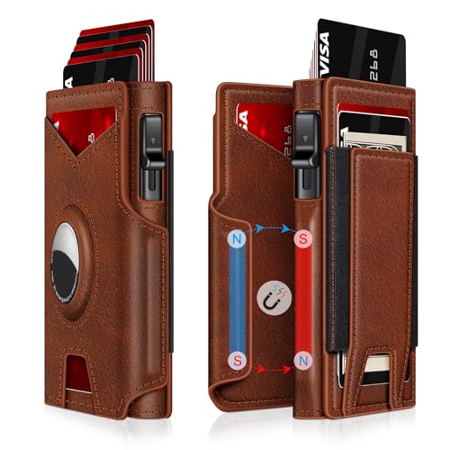 Airtag Wallet for Men, Minimalist Slim Mens Wallet Smart Pop Up Credit Card Holder for 9-13 Cards, RFID Blocking Wallet with ID Window & Cash Slot, Compact Bifold Metal Aluminum Card Case