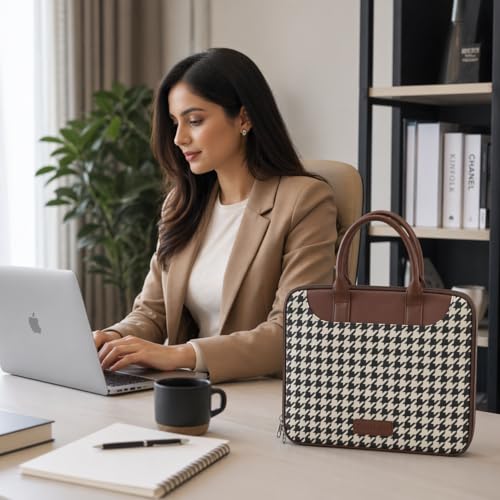 Image of Tabelito Designer Printed Laptop Sleeve for Women (13-15.6 Inch) | Jute & Vegan Leather Office Handbag | Lightweight Stylish Work Bag with Handle