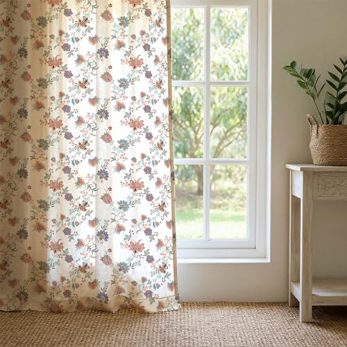 Image of Urban Space 100% Cotton Curtains for Door,60-65% Room Darkening Cotton Decorative Curtains 8 feet Long with Stainless Steel Rings,Set of 2 Curtains with Tieback (Passion Flower Peach, Door 8 Feet)