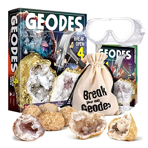 Byncceh Geoden zum Aufbrechen – 4 aufbrechbare Geoden mit Schutzbrille, Lernhandbuch, Lupe & Aufbewahrungstasche – Wissenschaftsset für Kinder