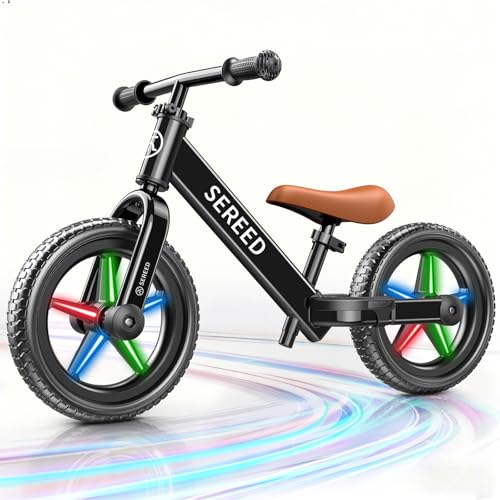 Image of SEREED Toddler Balance Bike 2 Year Old, No Pedal Kids Bicycle Toys for 2-5 Years Old, Tool-Free Adjustment, Customize Plate with Stickers, Gift for 2-3 Boys Girls (Black Lighting)