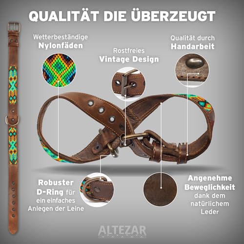 ALTEZAR Lederhalsband Hund - Doppelt Tribal Bestickt Grün Braun - Hochwertig verarbeitetes Hundehalsband Leder - Handgemacht in Mexiko - Größe S - Halsband Hund für kleine Hunde Leder breit