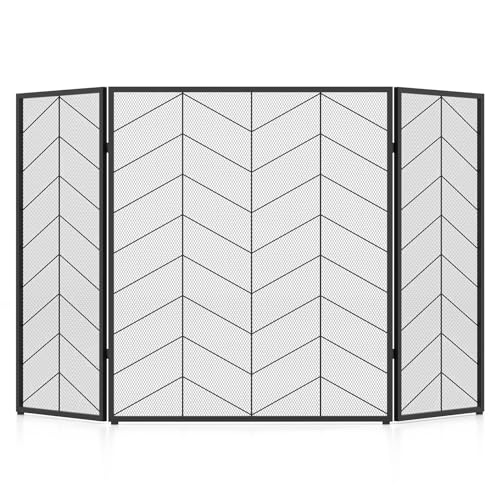 GiantexUK 3-Panel Folding Fire Guard, Heavy Duty Metal Mesh Fireplace Screen, Decorative Freestanding Spark Guard Safety Barrier for Child Baby Pet Open Fire, Black (Herringbone Pattern, 132x79cm)
