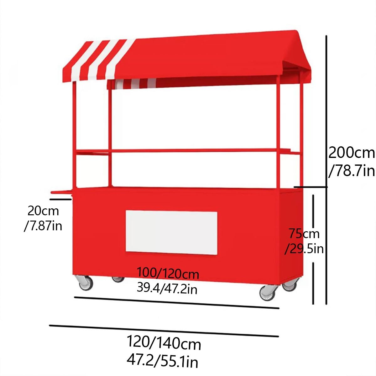 Carrito de Venta Ambulante Exterior con Toldo a Rayas, Carro de Comida con Superficie Segura y Gran Almacenamiento(Red,L 120CM/47.2IN)