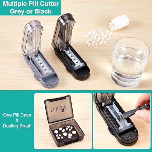 Image of Fullicon Pill Cutter, Cuts Multiple Pills with Accurate Alignment, Grey | Brush & Pill Box Included, Adjusts for Pills Up to 0.6 Inches Wide, Covered Stainless Steel Blade for Safety
