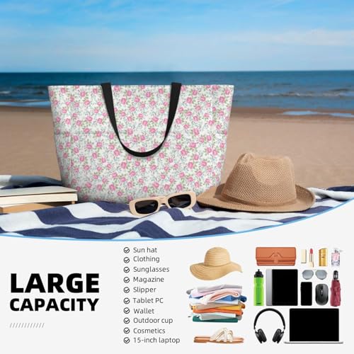 Large Beach Bags Water-resistant Sandproof - Pink floral Cute Beach Tote Bags for Women with Zipper4