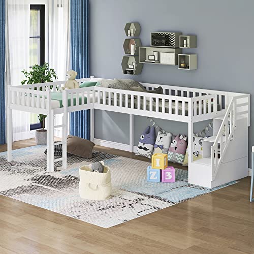 Image of P PURLOVE Loft Bed with Storage, Twin loft Bed Frame,Wooden loft Bed with Stairs and Adult Safety Rails,Suitable for Kids/Adults, Space Saving/No Box Box Required/White