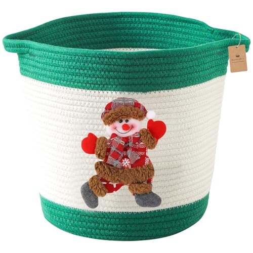 Image of Christmas Gift Baskets Empty, Christmas Decoration Storage Basket with Handle, Baby Gift Basket for Toys, Towels, Diapers, Woven Cotton Rope Basket With Christmas Snowman, Green