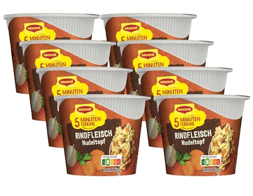 MAGGI 5 Minuten Terrine Rindfleisch Nudeltopf, leckeres Fertiggericht, Instant-Nudeln mit Rindfleisch und Karotten, 8er Pack (8 x 42g)