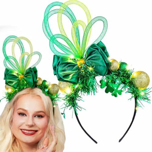 Coridy Light Up Balls Headbands LED Green Shamrock Clover Hairbands Xmas Hat Bow Hair Hoops St. Patrick's Day Head bands for Fashion Party Holiday Costume