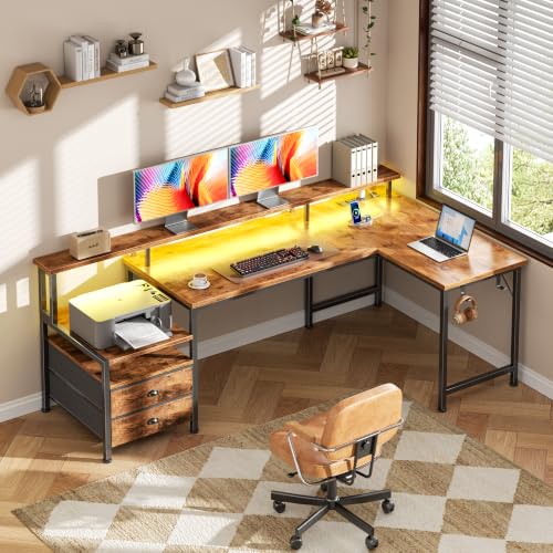 Image of Korfile 57'' L Shaped Computer Desk with Storage Drawers, Power Outlet, LED