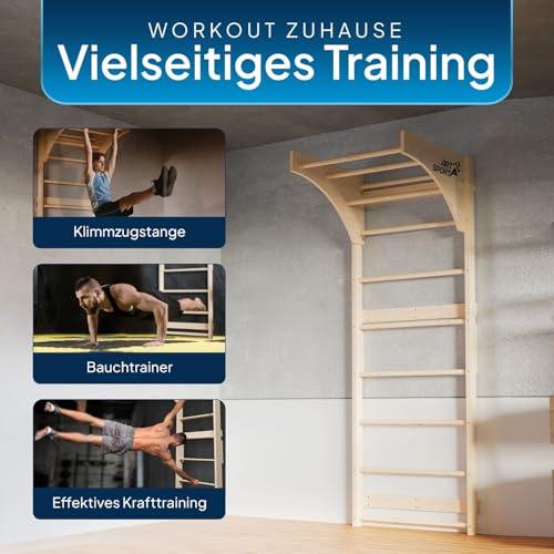 ArtSport Sprossenwand für Erwachsene – Indoor Klettergerüst aus Holz mit Klimmzugstange, stabile Kletterwand zur Wandbefestigung für Fitness & Training – Natur