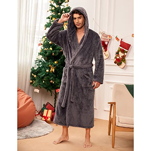 Vulcanodon Mens Robe Big And Tall With Hood,Full Length Plush Robe For Men Long Fleece Bathrobe(Dark Grey, L/Xl) #TOP2