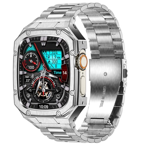 BAITEYOU Stainless Steel Watch Band with Case Compatible with Apple Watch Ultra 3 2 1 band (49mm), Rugged Strap with Metal Protective Bumper Cover for iWatch Bands Men (Silver)