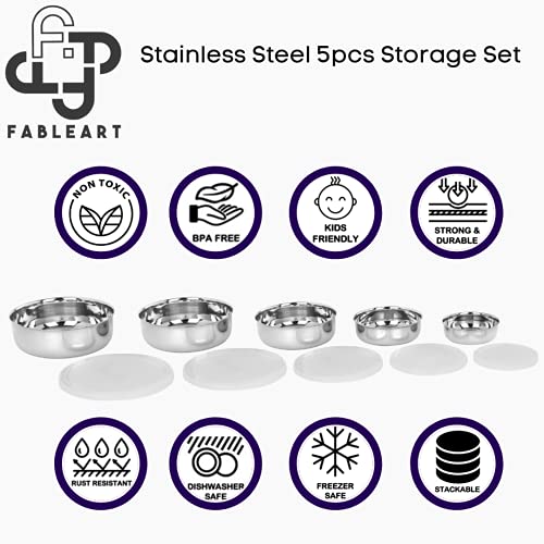 Image of Stainless Steel Storage Container Set; Kitchen Lid Bowl Set; Steel Fridge Container; Tiffin Box; Serving Bowls- Set of 5 Pcs