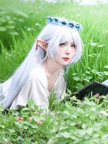 Image of Frieren Cosplay Costume Wig 37.4'' Long Curly Silver White Anime Wigs | Light Gray Wave Wig with Bangs Synthetic Hair for Women Halloween Party Daily