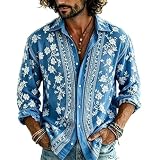 Mens 70s Disco Shirt Hip Hop Long Sleeve Button Down Shirt Retro Floral Novelty Shirts Hippie Outfit for Men Sky Blue