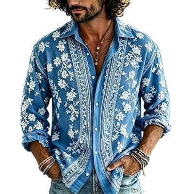 Mens 70s Disco Shirt Hip Hop Long Sleeve Button Down Shirt Retro Floral Novelty Shirts Hippie Outfit for Men Sky Blue