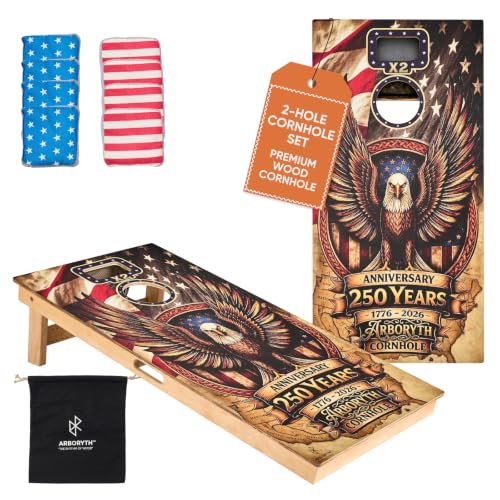 Image of America 250th Anniversary Limited Edition Cornhole Set - Two 4x2 FT Double Hole Boards with Built-in Scoreboard, 1 Canvas Tote Bag & 8 Professional American Stars & Stripes Bean Bags